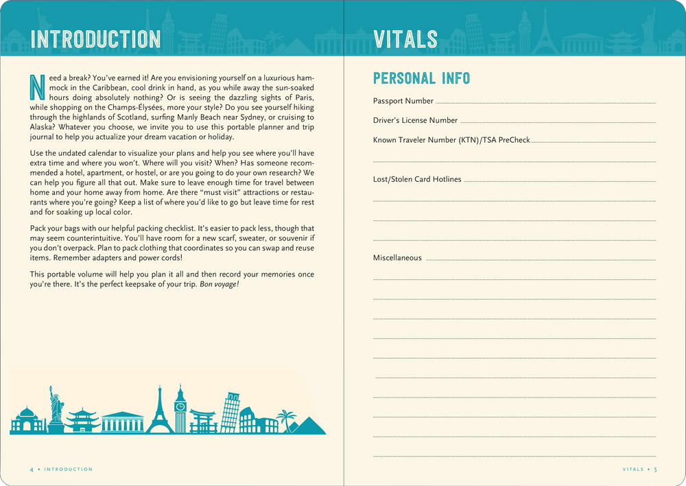 Travel journal opened to a page with an introduction and spaces to record vital information.
