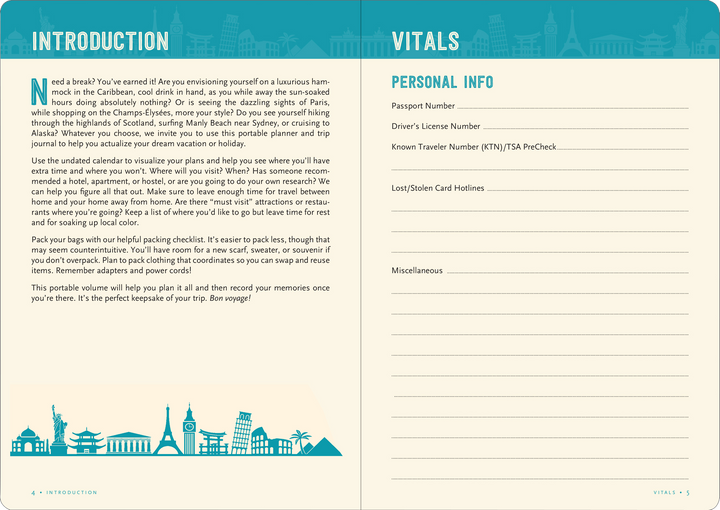 Travel journal opened to a page with an introduction and spaces to record vital information.
