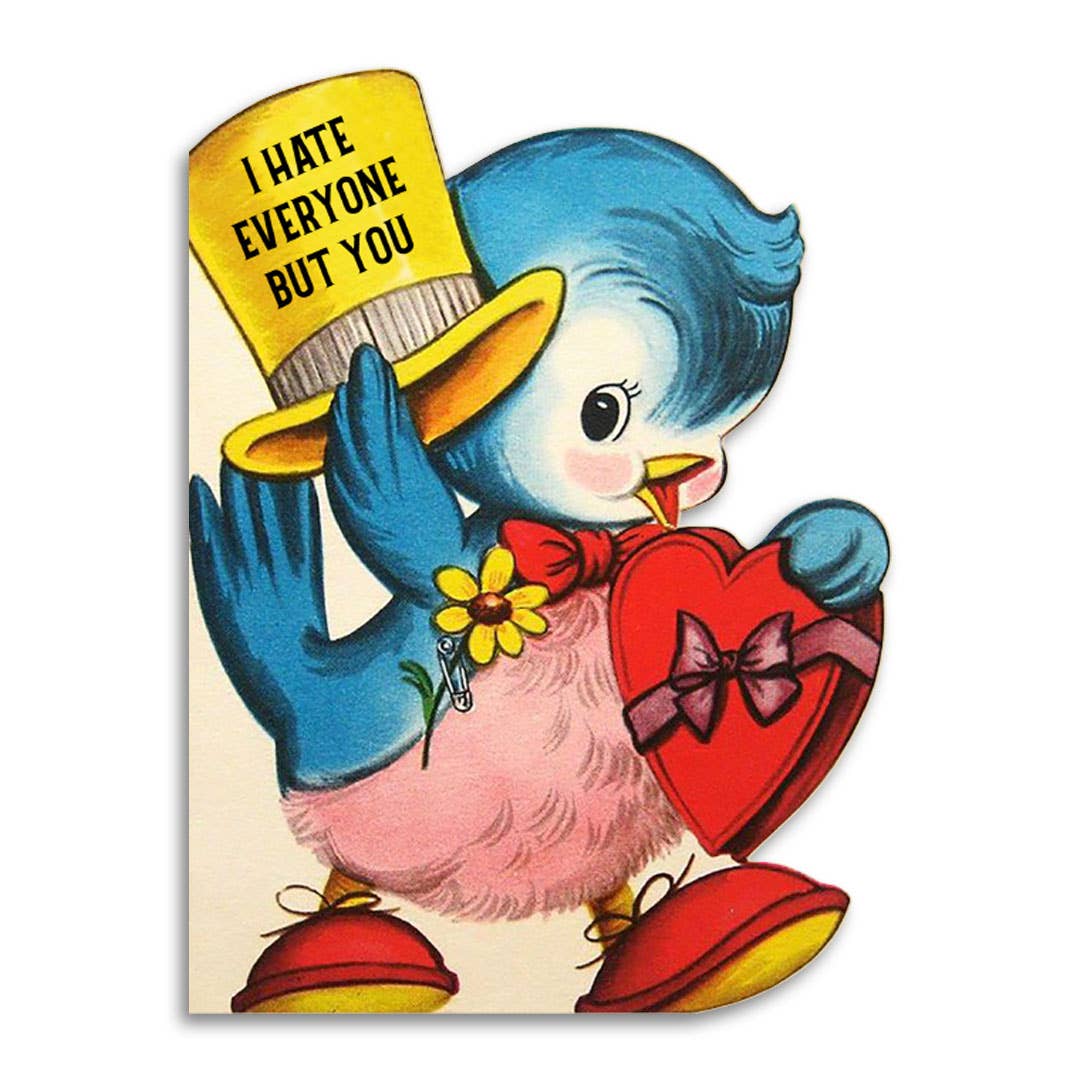Vintage-style illustration of a blue bird, wearing red shoes and carrying a red heart-shaped box, and holding a yellow top hat with text.