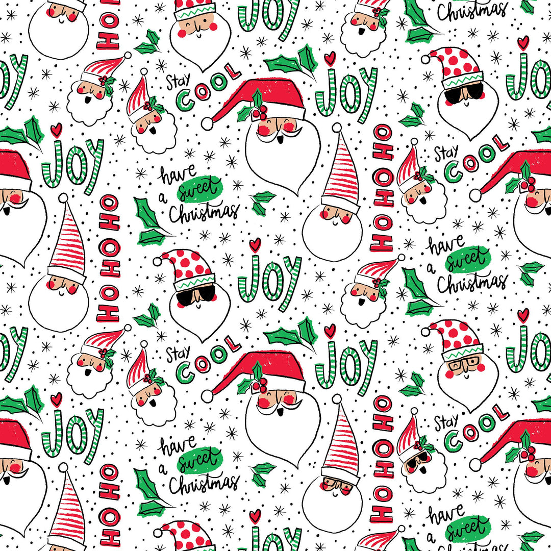 Christmas-themed pattern with Santa Claus, snowmen, and holiday phrases on a white background.