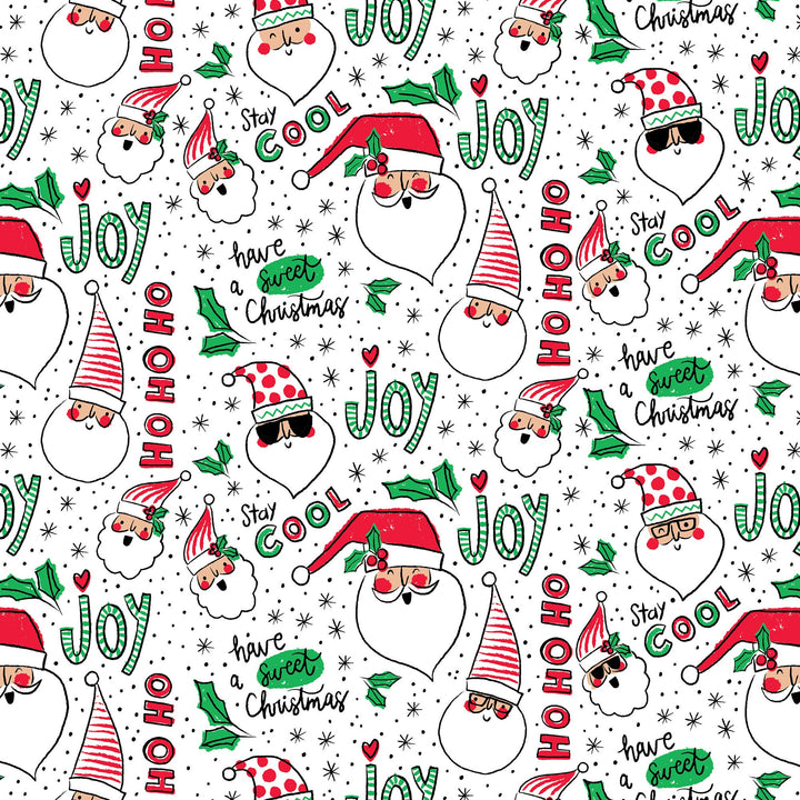 Christmas-themed pattern with Santa Claus, snowmen, and holiday phrases on a white background.