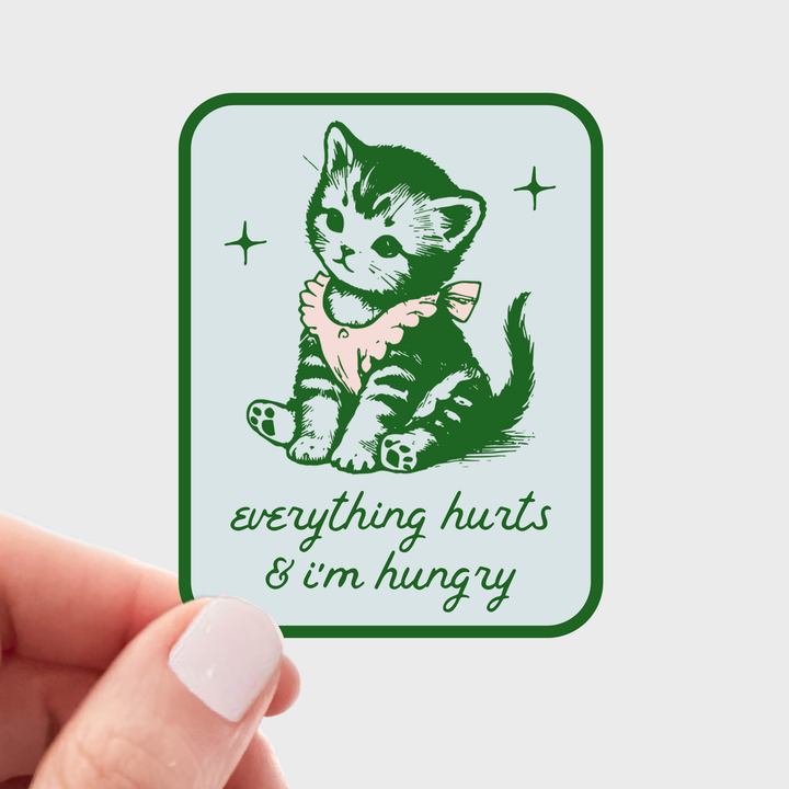 Illustration in green of a kitten wearing a big above the text 