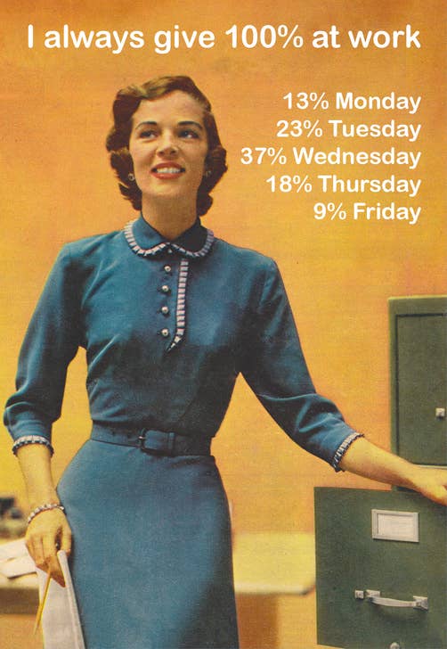 50's styled woman, smiling in a prim blue dress, at an open filing cabinet, but looking off to the distance.