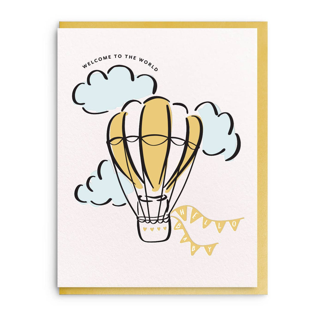 Watercolor drawing of hot air balloon with clouds. Black text.