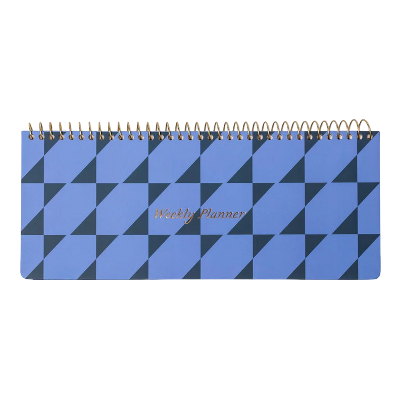 Planner with a light and dark blue geometric pattern, labeled 'Weekly Planner' with wire-o binding across the top.