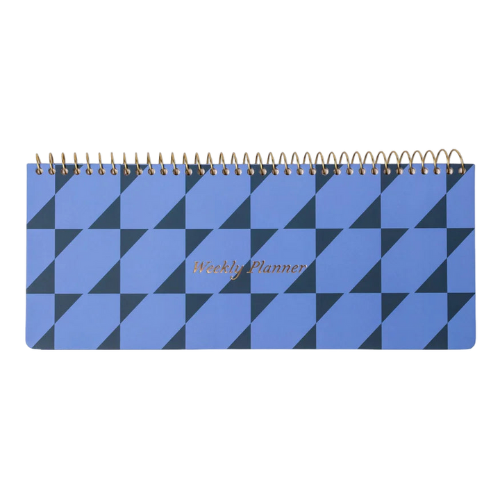 Planner with a light and dark blue geometric pattern, labeled 'Weekly Planner' with wire-o binding across the top.