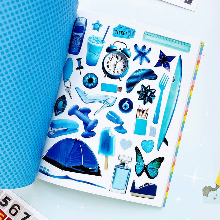 Page of various objects in blue, including hand weights, a tent, and a perfume bottle.