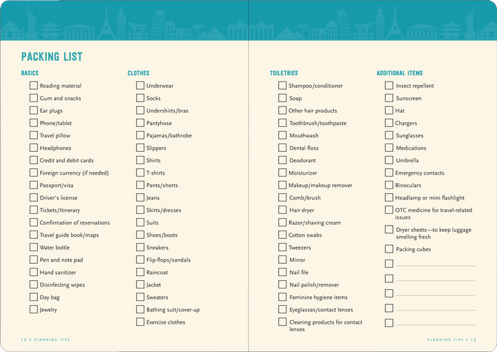 Two-page spread with a packing checklist.