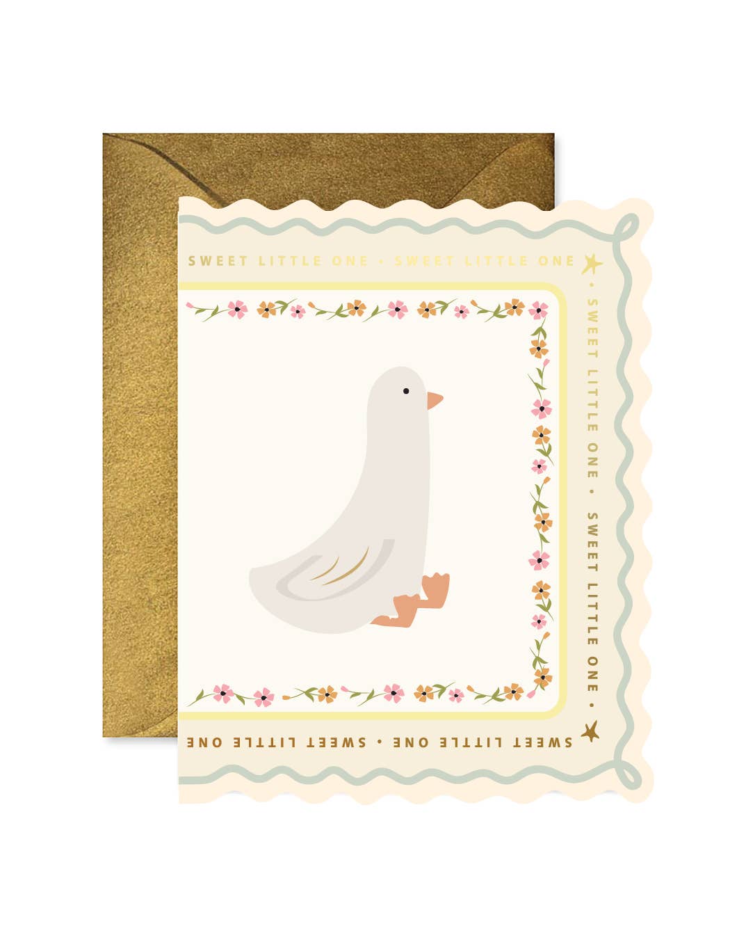 Front of card with scalloped edge and a goose sitting in the center. Text in gold around the edges. With a gold envelope.