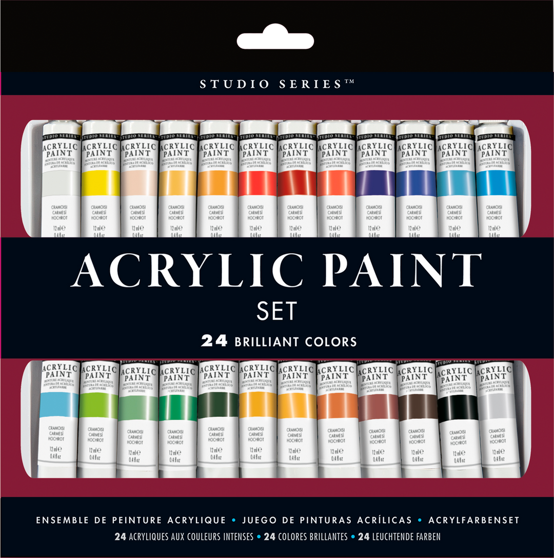 Set of 24 acrylic paint tubes in various colors with 'Studio Series' branding.