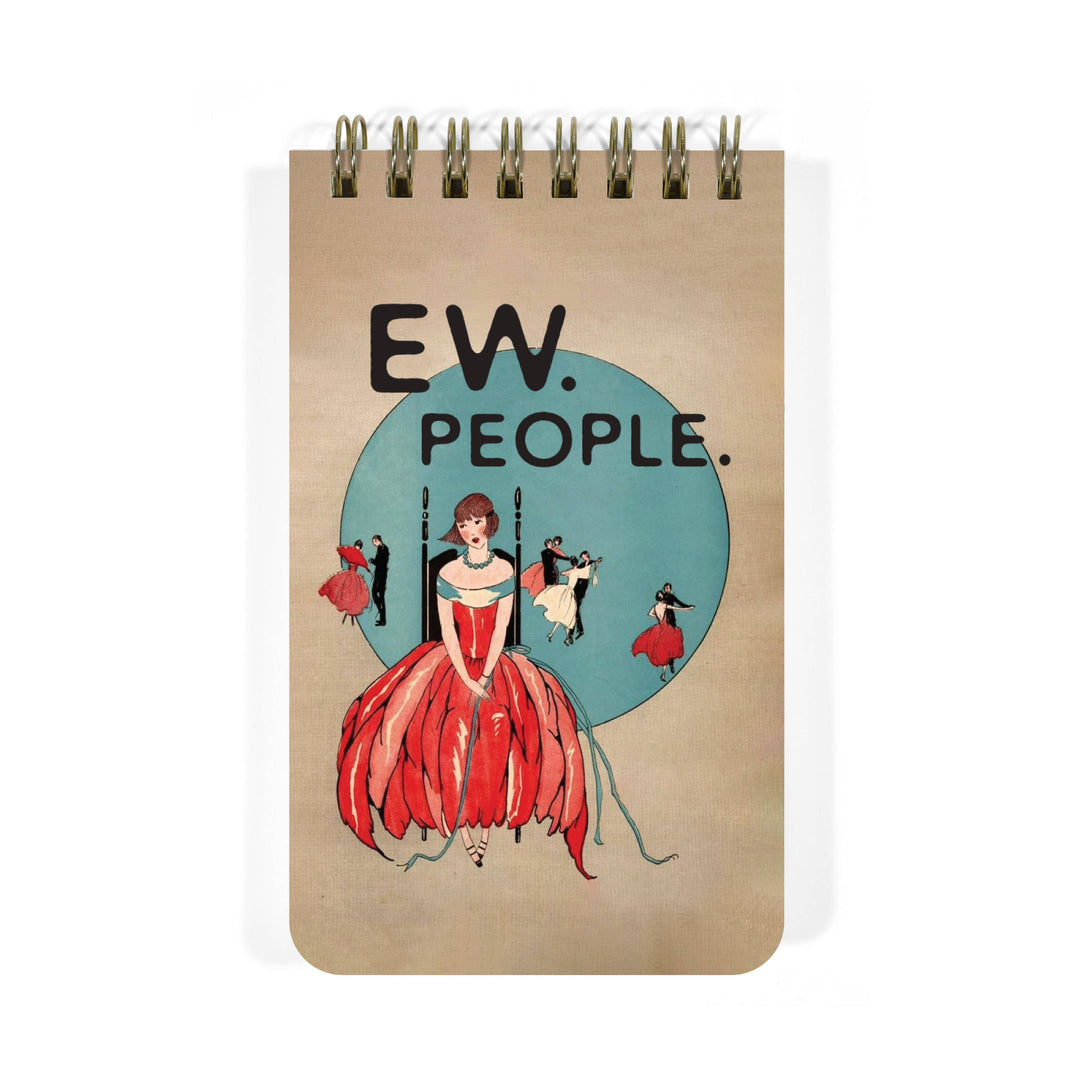 Notebook with a design of a woman in a red dress and 'EW. PEOPLE.' text.