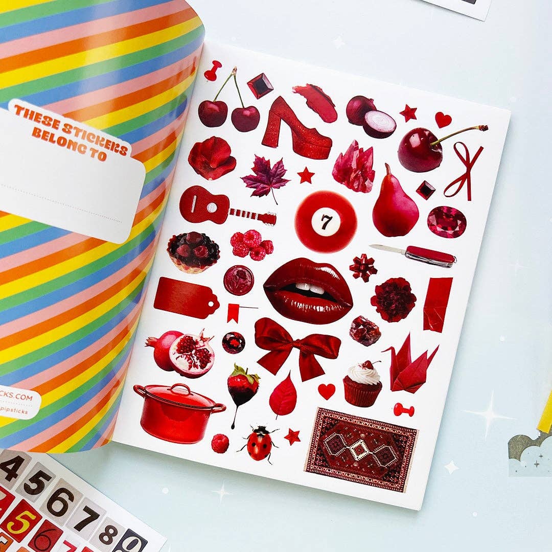 Page of various red objects, including a cherry, high heel shoe, and ribbon.