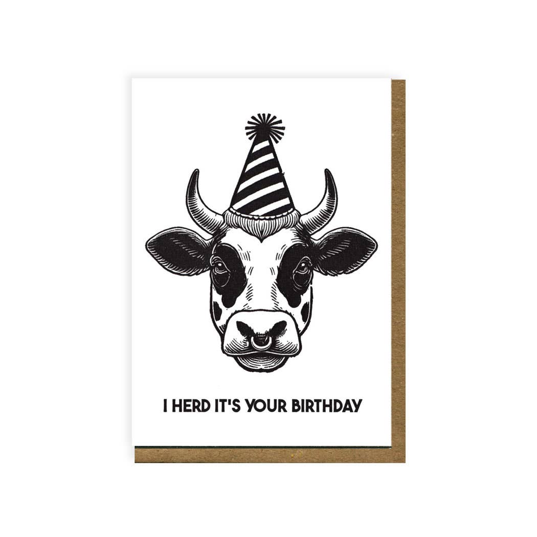 Drawing of a cow wearing a party hat and a nose ring above the text 'I Herd It's Your Birthday' on a white background.