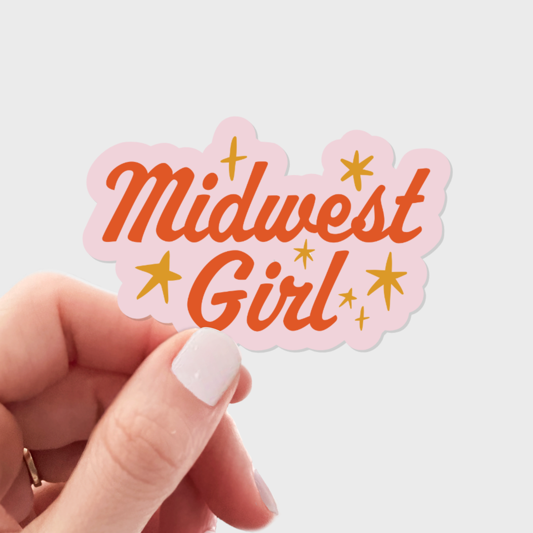 'Midwest Girl' text in red on pink background 