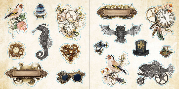 Sample page from sticker book with clocks and various animal imagery, such as a seahorse and fish on a bicycle.