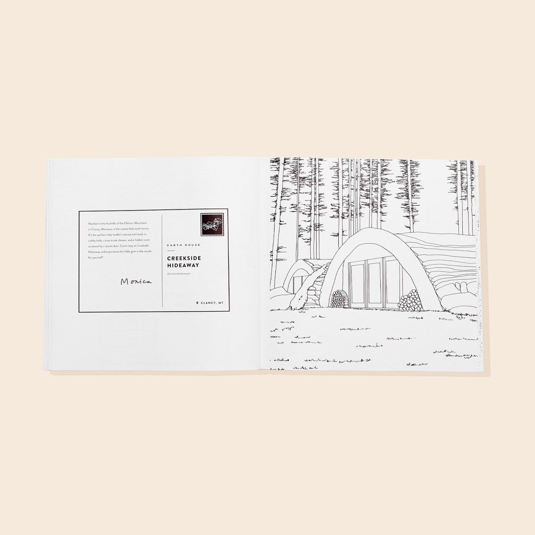 Book opened to show a postcard on the lefthand page and a black line art illustration of a contemporary log house on the right hand page. 
