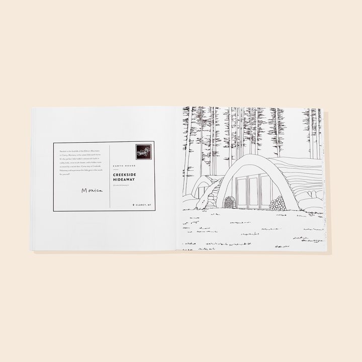 Book opened to show a postcard on the lefthand page and a black line art illustration of a contemporary log house on the right hand page. 