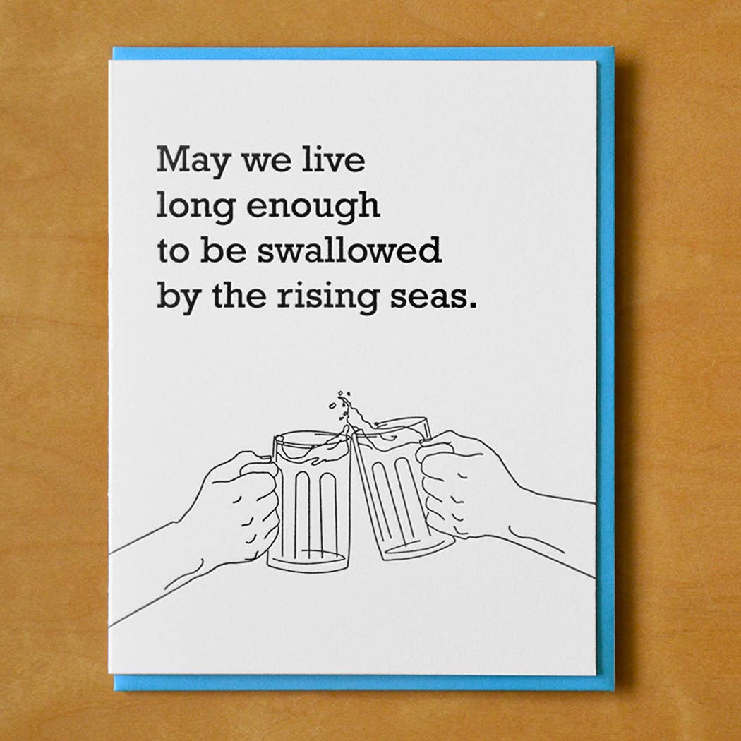 Front of card with a black and white illustration of two hands clinking beer mugs under the text.