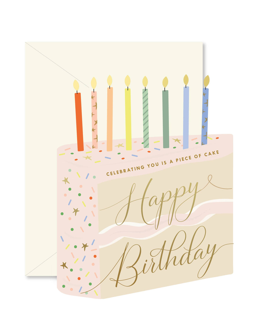Front of card with colorful candles and 'Happy Birthday' text over a die cut cake slice.