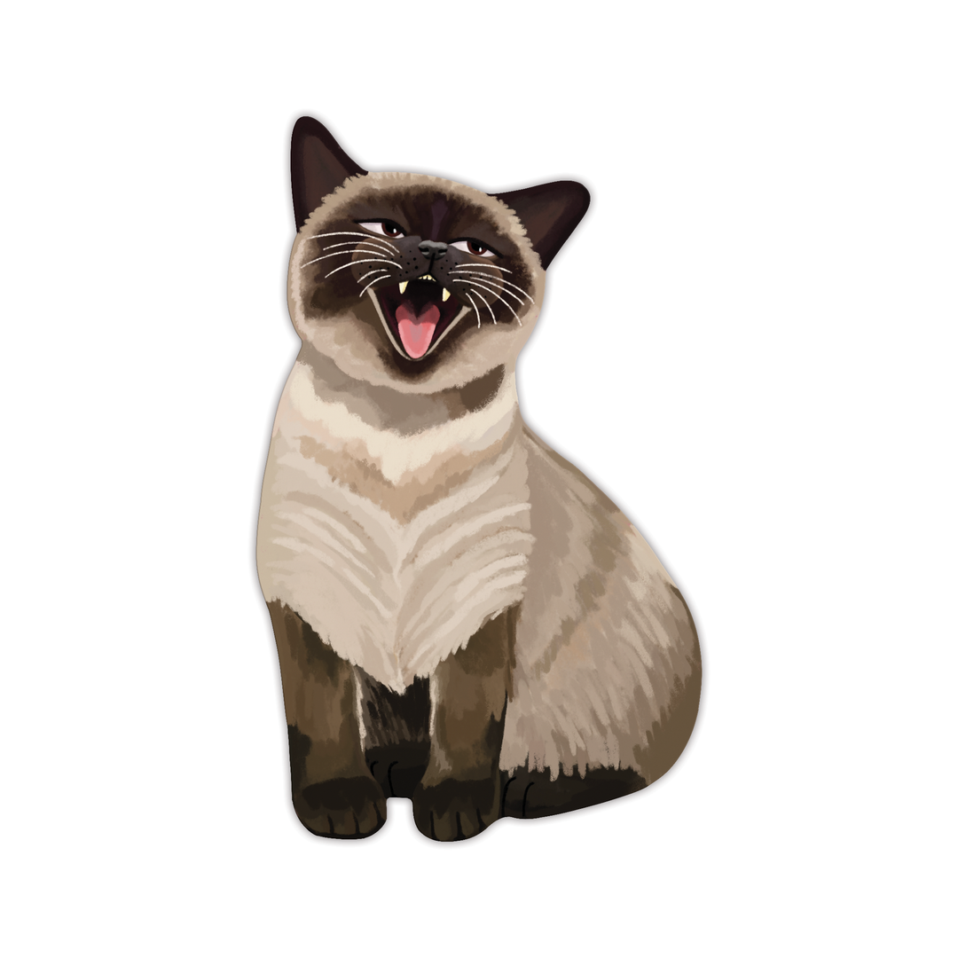 Front of a Siamese cat-shaped bookmark with an open mouth.