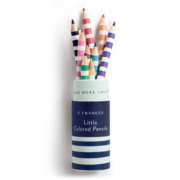 Set of colorful striped colored pencils in a blue and white cylindrical holder. with the label 'Little Colored Pencils.'