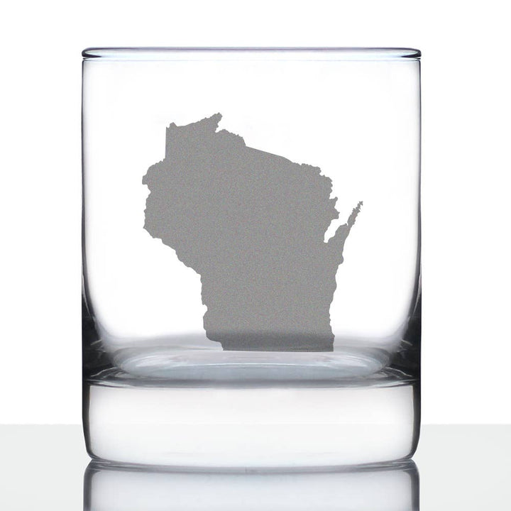 Clear rocks glass with Wisconsin state shape etched on it.