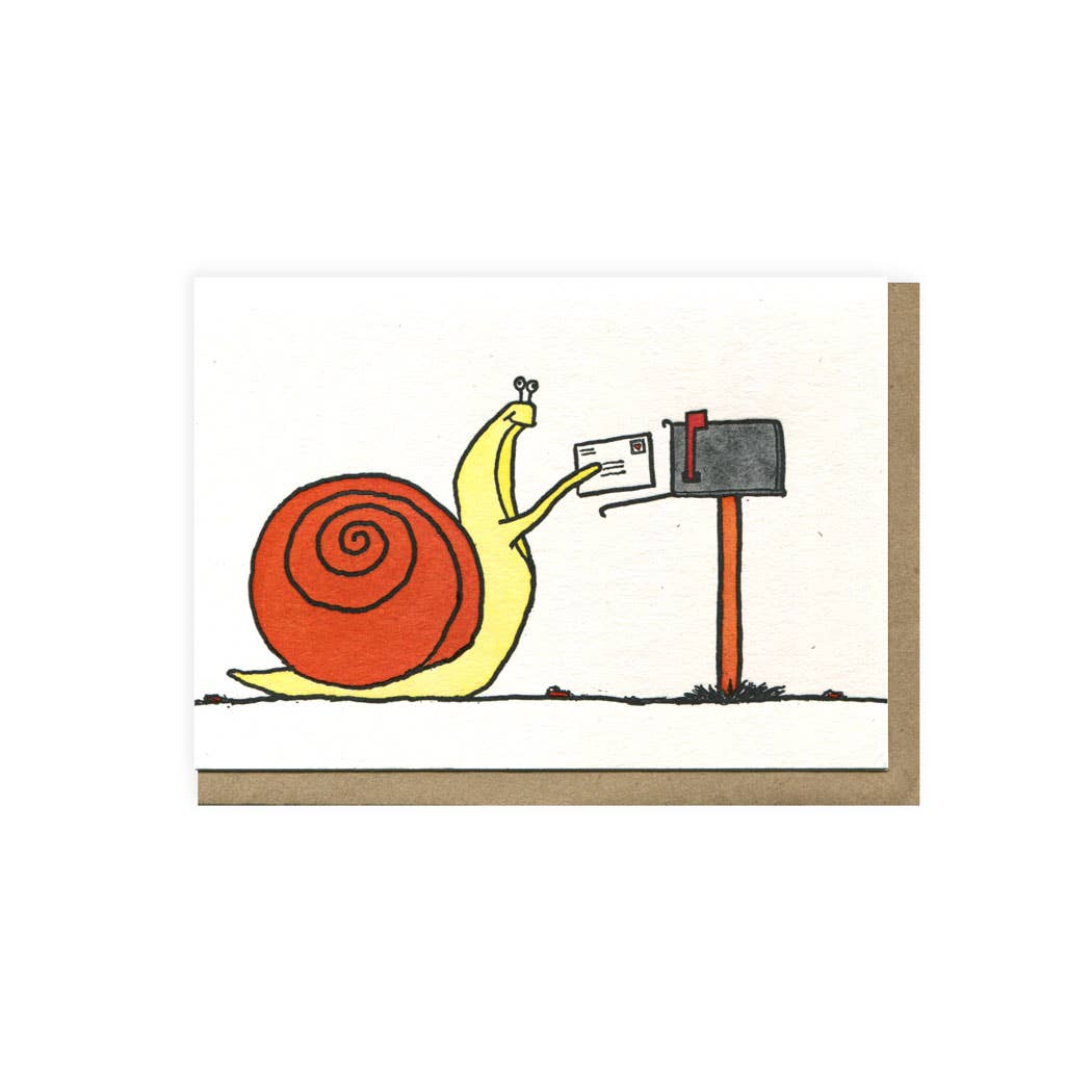 Front of card with yellow and orange snail putting an envelope in a free-standing mailbox.