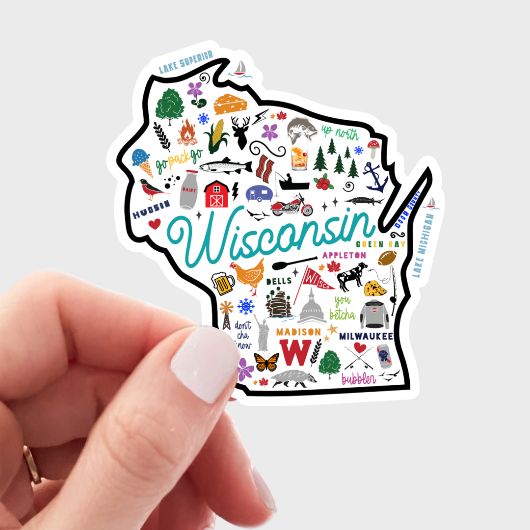 Sticker in the shape of the state of Wisconsin in white, with many colorful symbols that represent the state.