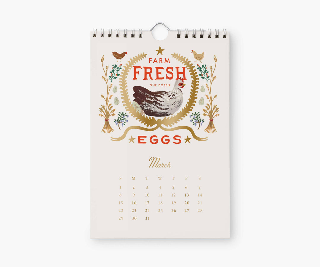 Calendar page for March with illustration for farm fresh eggs with a chicken in the middle, above the calendar for March, 2026.