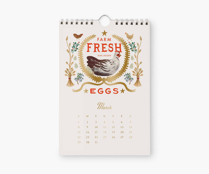 Calendar page for March with illustration for farm fresh eggs with a chicken in the middle, above the calendar for March, 2026.