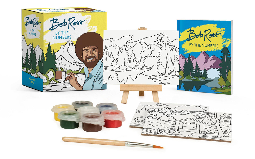 Bob Ross art set with pages of images to paint, paint pots, brush, and instruction book.