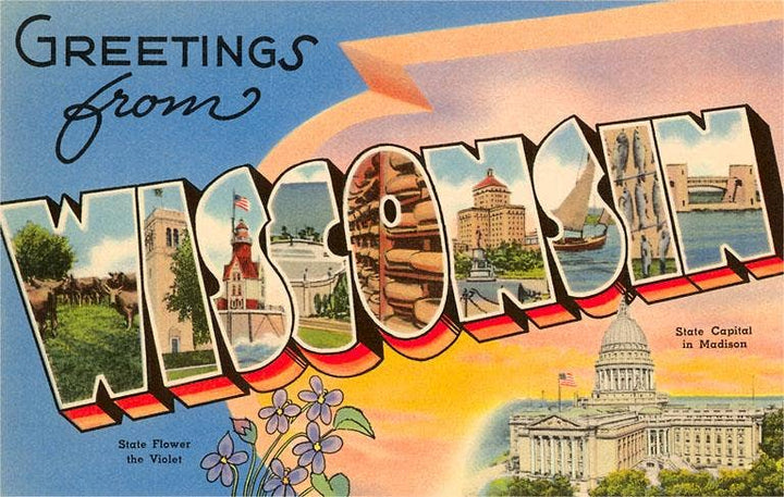 The word WISCONSIN in block text with images of Wisconsin sights on the surface of the letters, along with drawings of the state Capitol in Madison and some violets, the state flower.