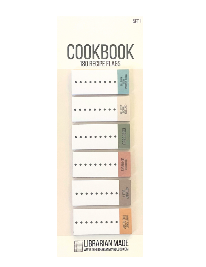 Six packs of recipe flags, arranged vertically on atop another, each with a different label on the right edge and in a different color. 