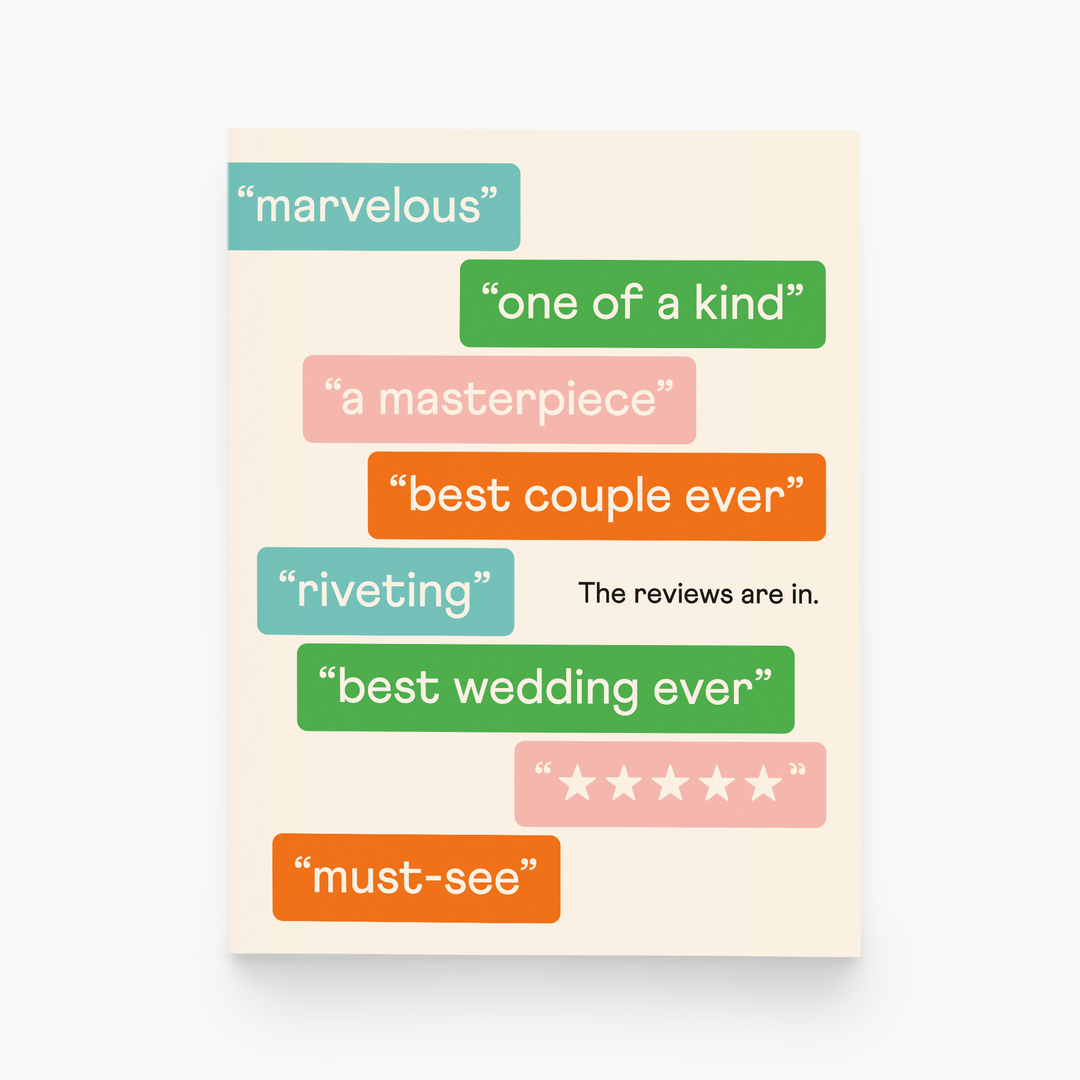 Card with colorful text phrases on a light background