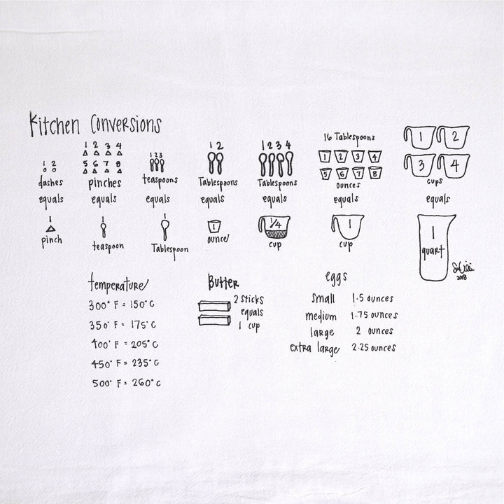 Hand lettered measurement conversions on a white cotton kitchen towel.