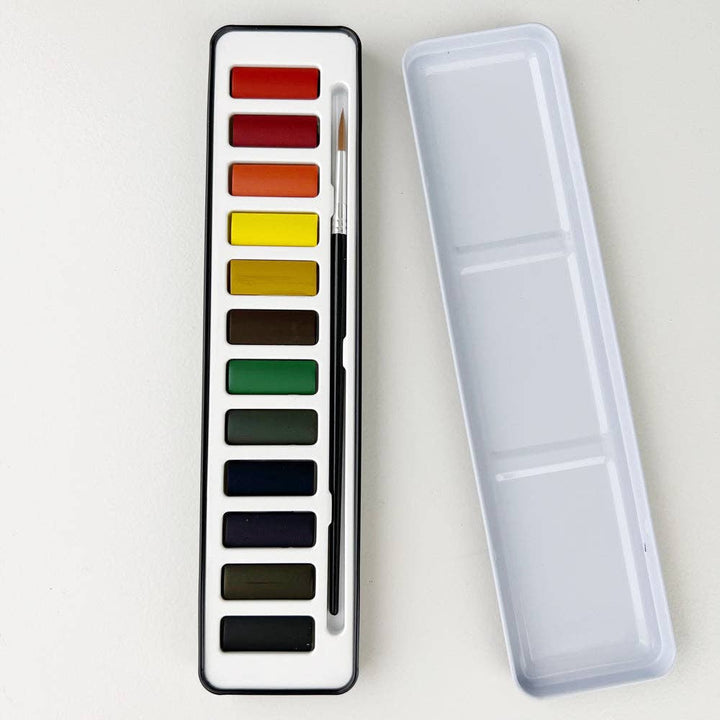 Tin case for 12 colors, and a size 4 watercolor paintbrush.