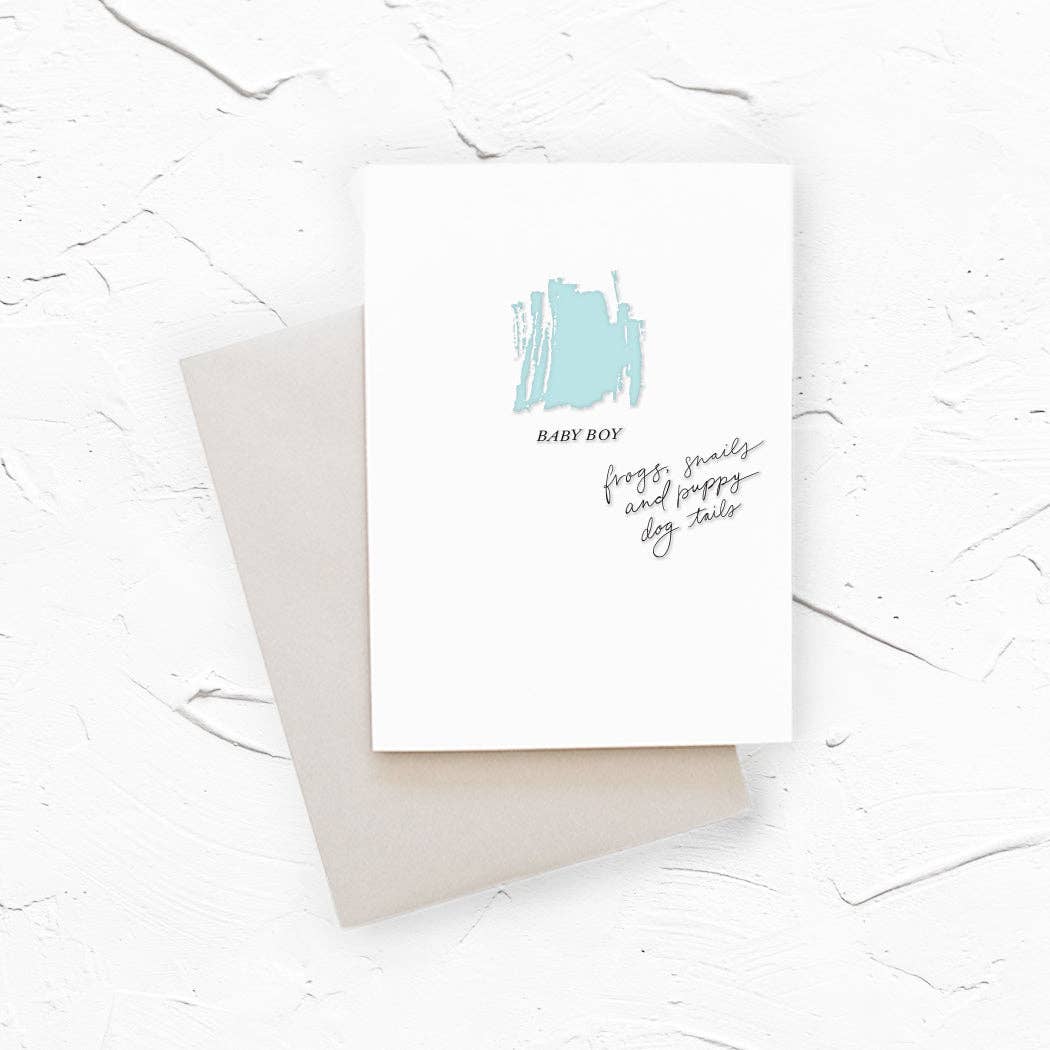 Cover of a card for a baby boy with a light blue paint stroke and the text 'BABY BOY' and 'foxtrot, sigma and happy dog tails' in black, shown with a light gray envelope.