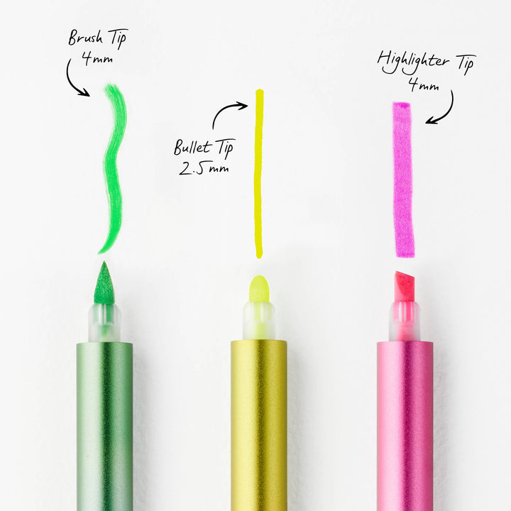 Sample of the three tip types: brush (shown in green), bullet (shown in yellow), highlighter (shown in pink).