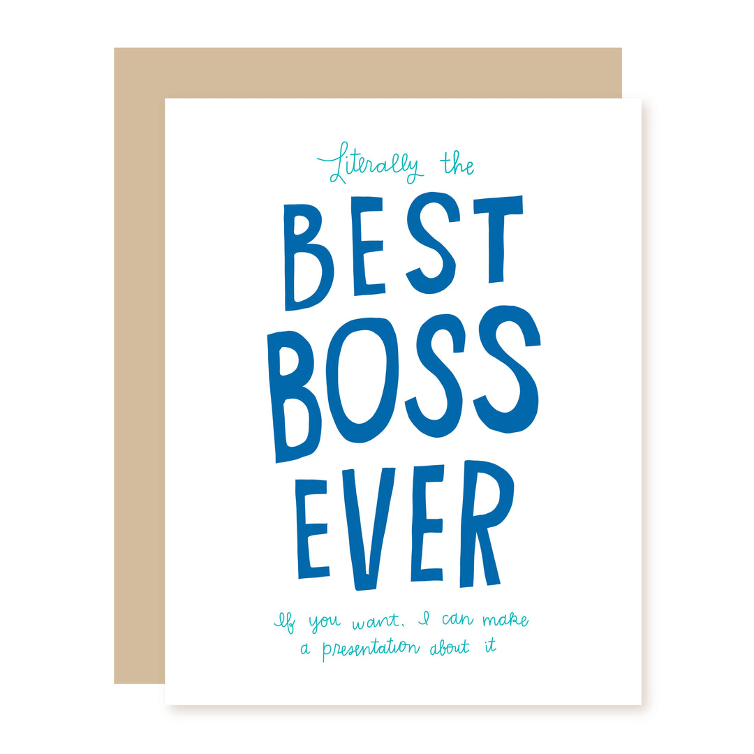 A white greeting card with bold blue text reading 'BEST BOSS EVER' and smaller teal script text, shown with a tan envelope behind it.