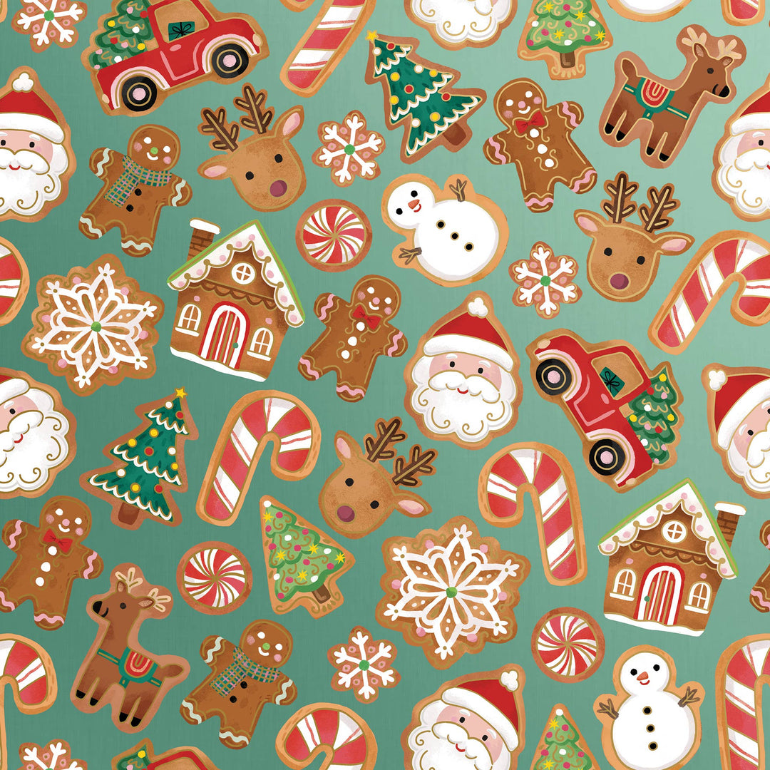 Christmas-themed cookies and candies on a teal background.
