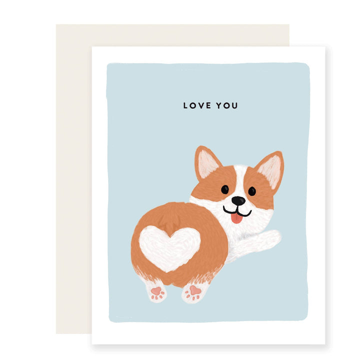 Smiling corgi underneath block letters in black spelling "love you."