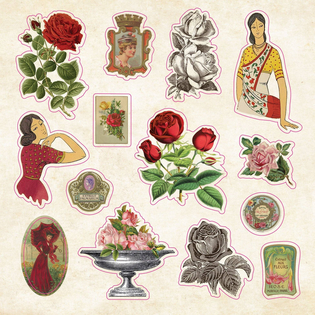 Sample page from sticker book with various flowers.