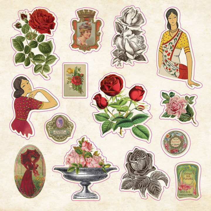 Sample page from sticker book with various flowers.