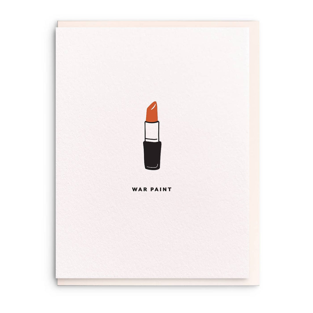 Drawing of an open tube of red lipstick over black sans serif text on a white background