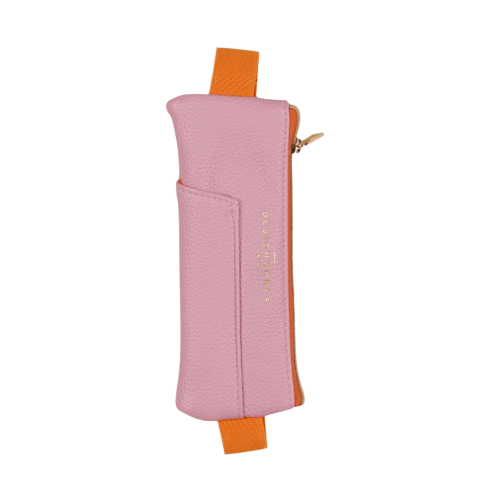 Slim case in pink with gold zipper and orange elastic band to slip around a book or journal.