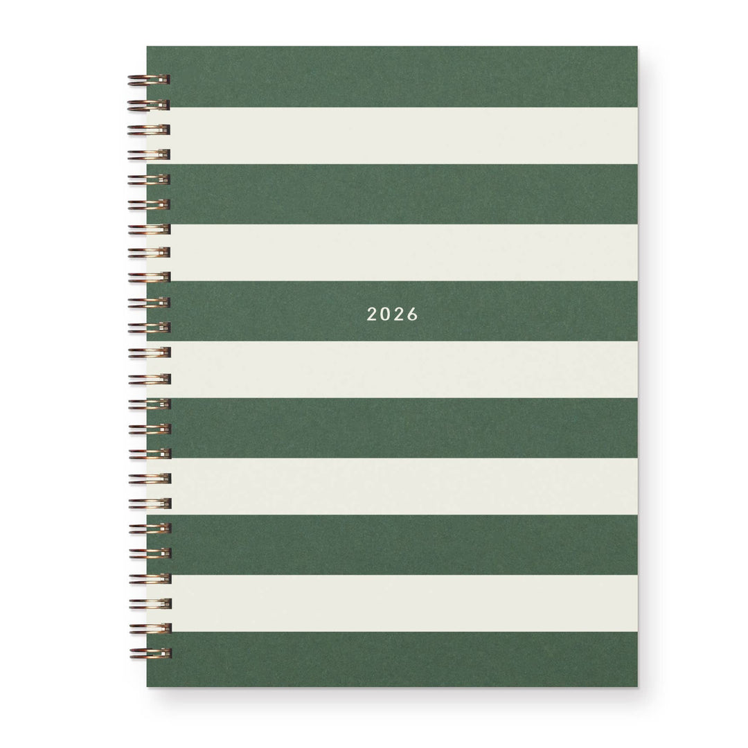 Green and white striped planner cover with '2026' printed one one of the green stripes. Wire-O binding on the left.