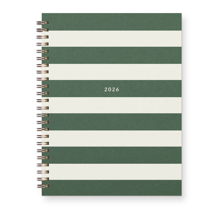 Green and white striped planner cover with '2026' printed one one of the green stripes. Wire-O binding on the left.