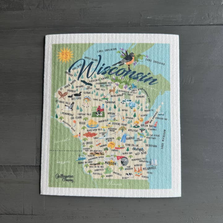 State of Wisconsin, showing edges of Lakes Superior and Michigan and bordering states, dotted with city names and local images.