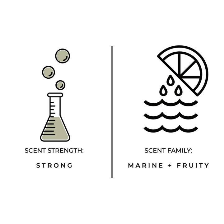 Diagram of beaker with bubbles labeled Scent Strength: Strong and a slice of lemon over water labeled Scent Family: Marine + Fruity.