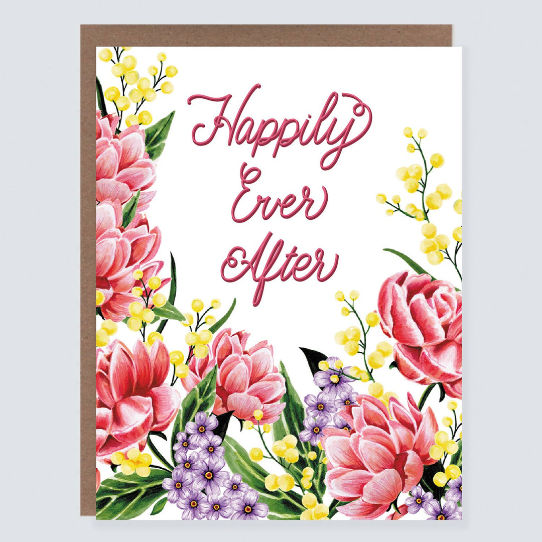 Greeting card with floral design and 'Happily Ever After' text on a white background